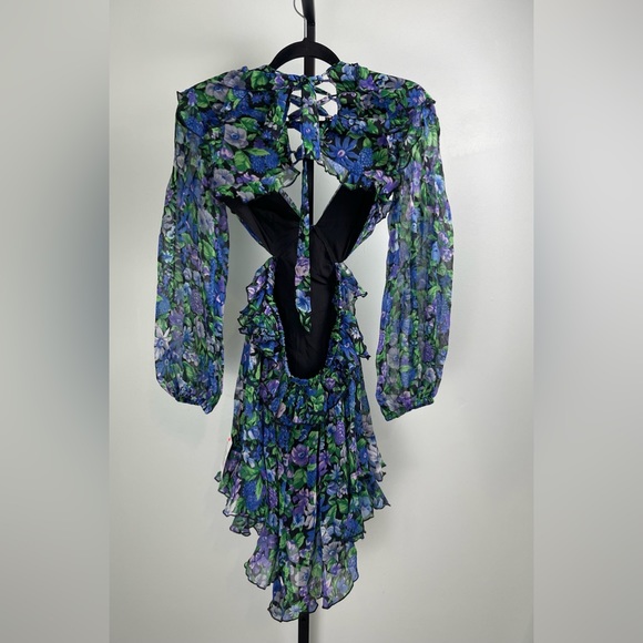 ASOS DESIGN Petite Ruffle Mini Dress Blue Floral Lace Up Back Size 2P - Picture 6 of 7